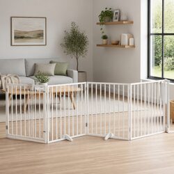 Dog Gate Foldable 4 Panels White Poplar Wood Pet Safety Barrier Door Enclosure