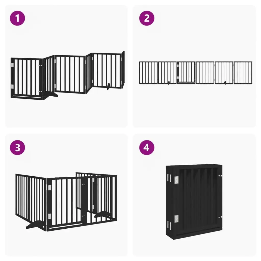 Dog Gate Foldable 6 Panels Poplar Wood 300cm Black Pet Safety Barrier Door