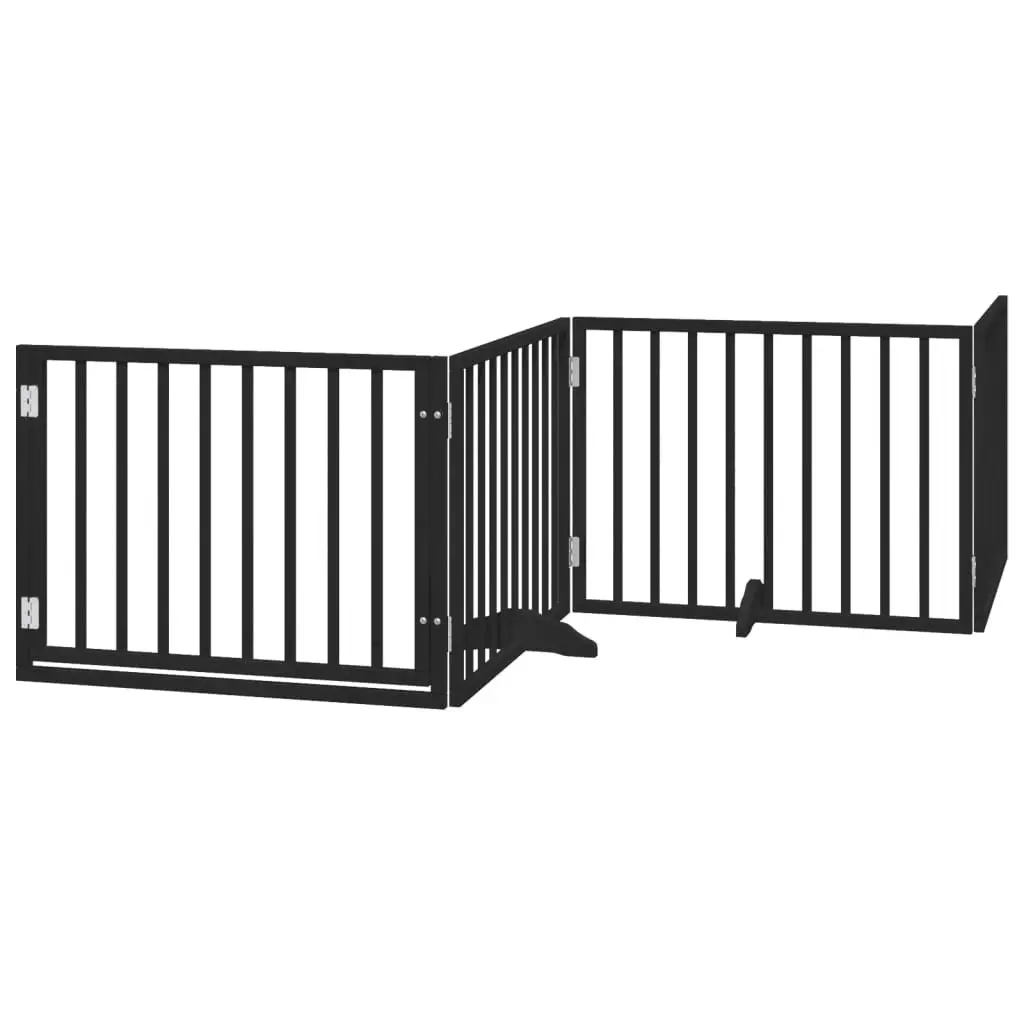 Dog Gate Foldable 4 Panels with Door Black Poplar Wood Pet Barrier Safety