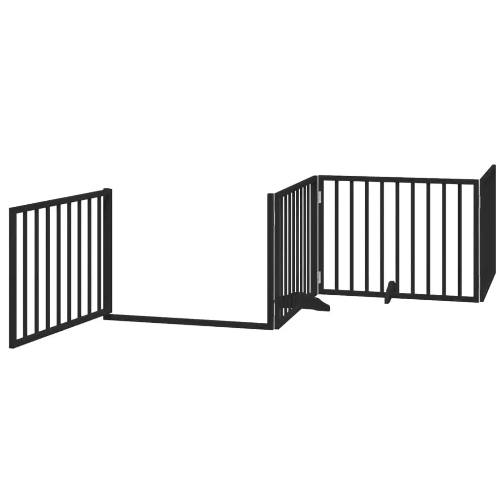 Dog Gate Foldable 4 Panels with Door Black Poplar Wood Pet Barrier Safety