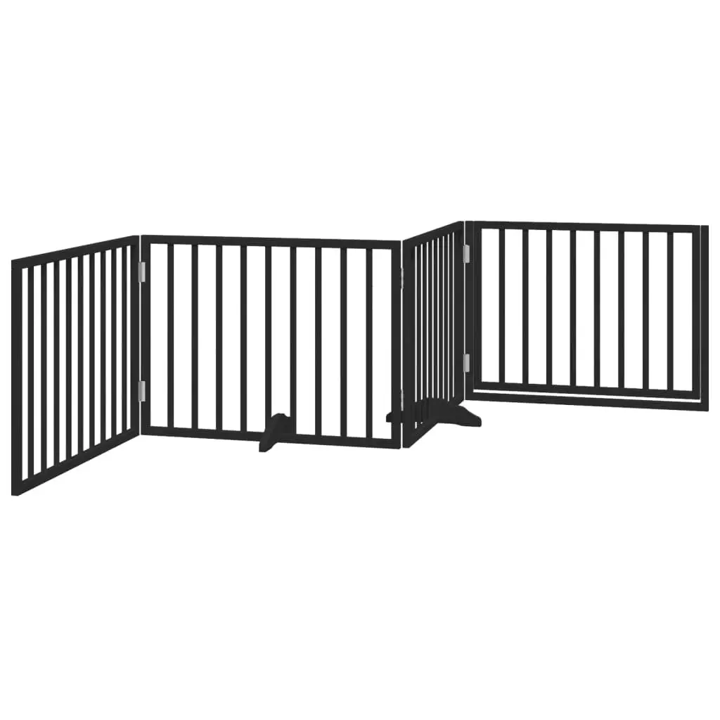 Dog Gate Foldable 4 Panels with Door Black Poplar Wood Pet Barrier Safety