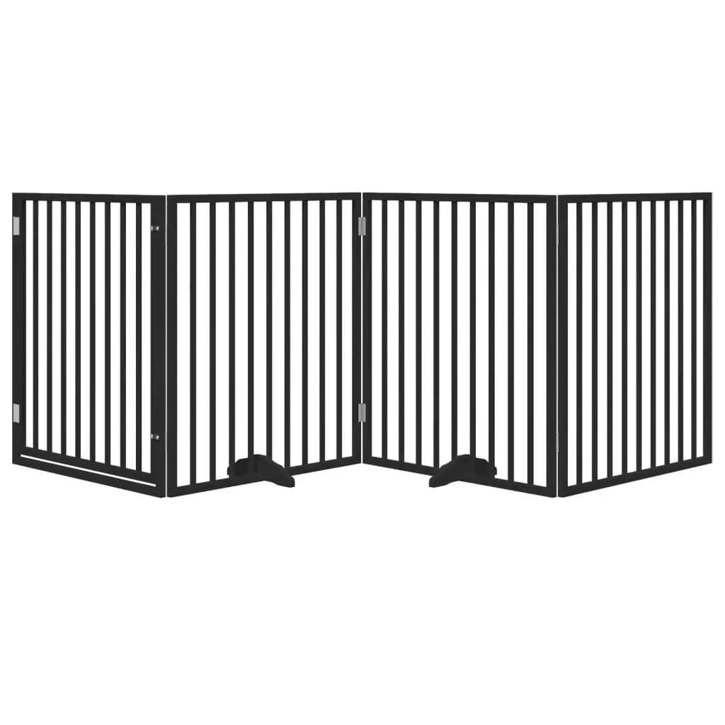 Foldable Dog Barrier Black Poplar Wood 4 Panels with Door Pet Safety Gate