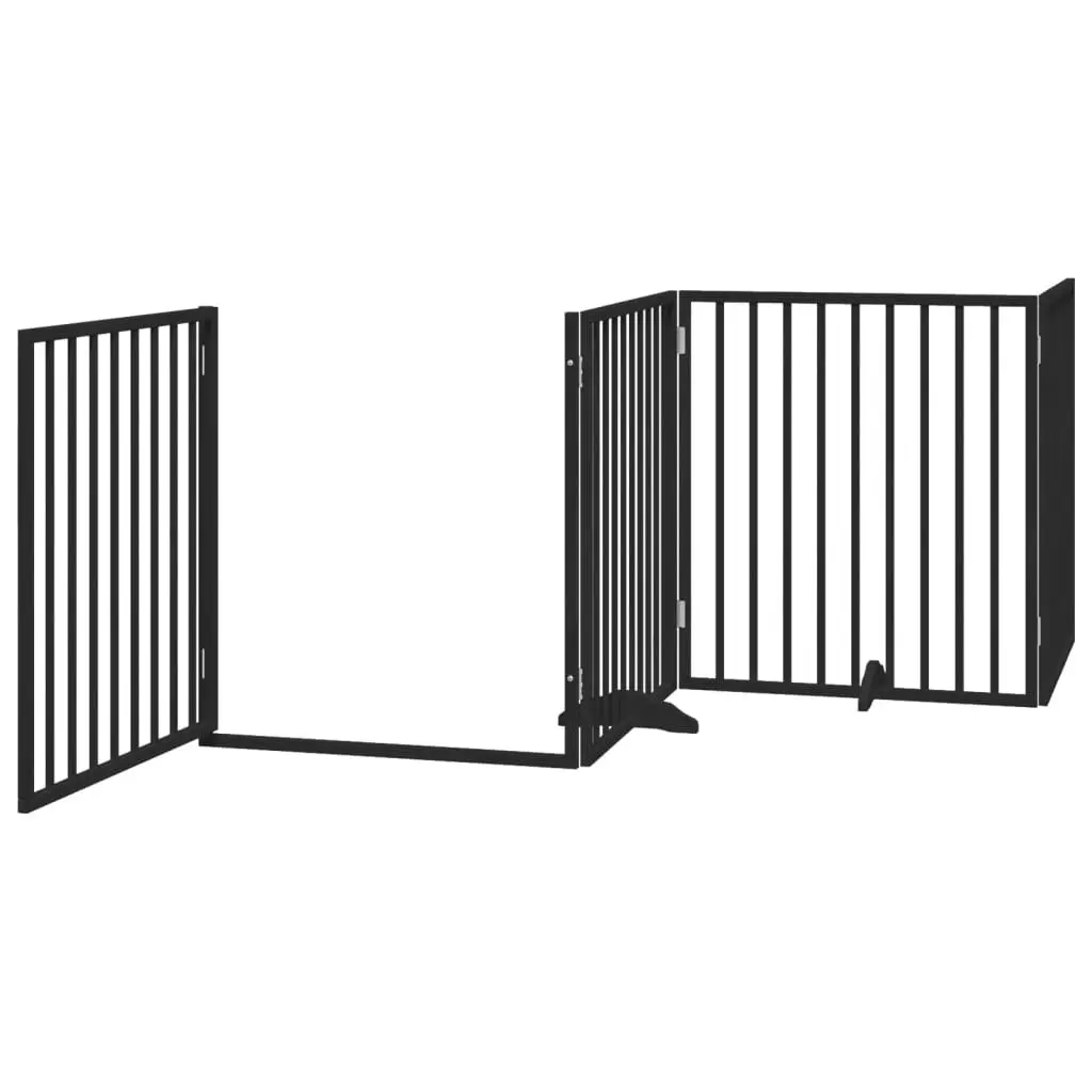 Foldable Dog Barrier Black Poplar Wood 4 Panels with Door Pet Safety Gate