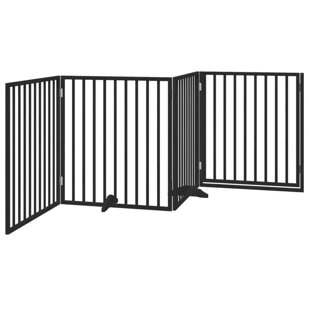 Foldable Dog Barrier Black Poplar Wood 4 Panels with Door Pet Safety Gate