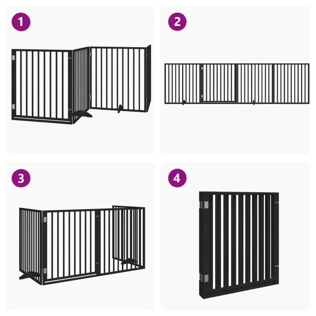 Foldable Dog Barrier Black Poplar Wood 4 Panels with Door Pet Safety Gate