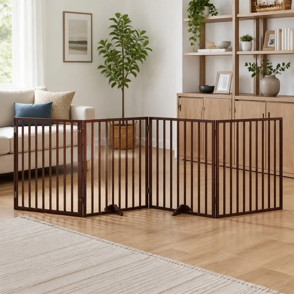 Dog Gate Foldable 4 Panels Brown 320cm Poplar Wood Pet Safety Barrier Door