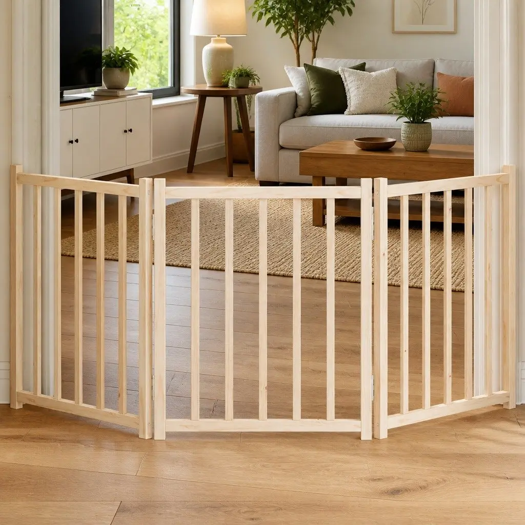 Dog Gate Foldable 3 Panels 150 cm Solid Wood Fir Pet Safety Barrier