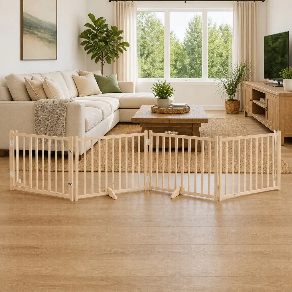 Dog Gate Foldable 4 Panels Solid Wood Fir 320cm Brown