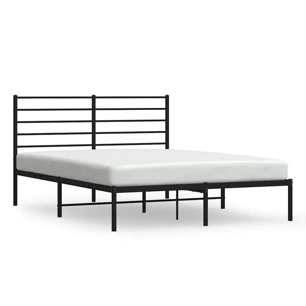 Metal Bed Frame 135x190 cm with Headboard Storage Space Bedroom Black Slatted