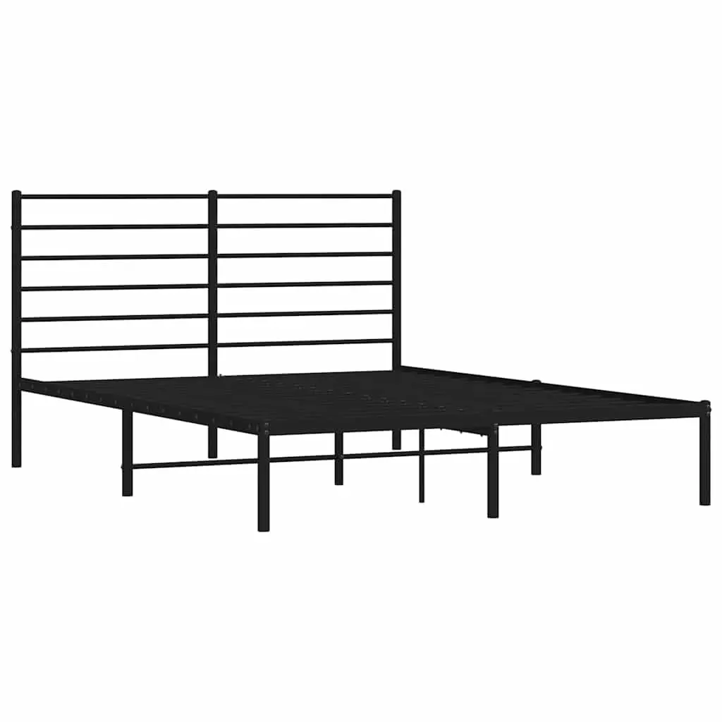 Metal Bed Frame 135x190 cm with Headboard Storage Space Bedroom Black Slatted