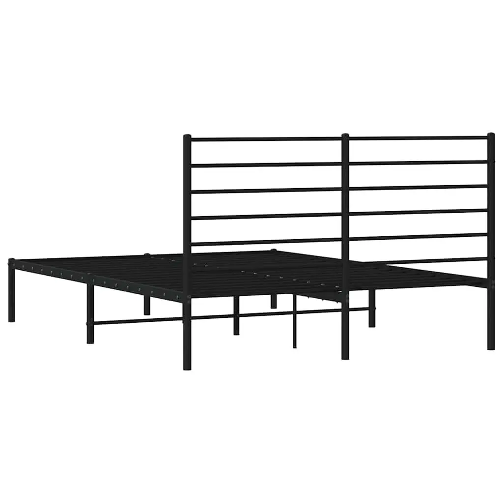 Metal Bed Frame 135x190 cm with Headboard Storage Space Bedroom Black Slatted
