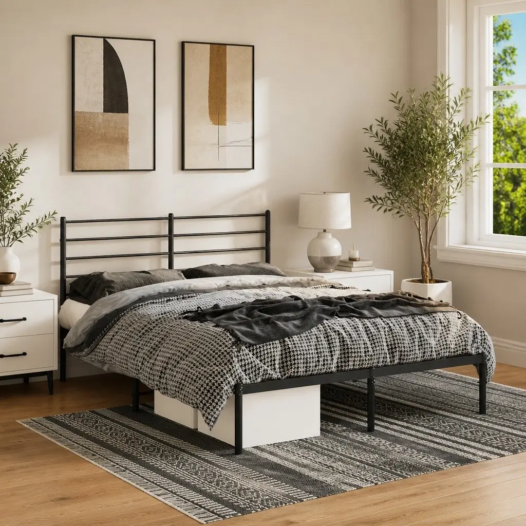 Black Metal Bed Frame 150x200cm with Headboard Slatted Base Powder-Coated Steel Construction