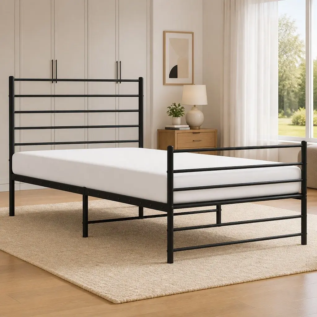 Metal Bed Frame King Single 107x203 cm Black Footboard Bedroom Furniture