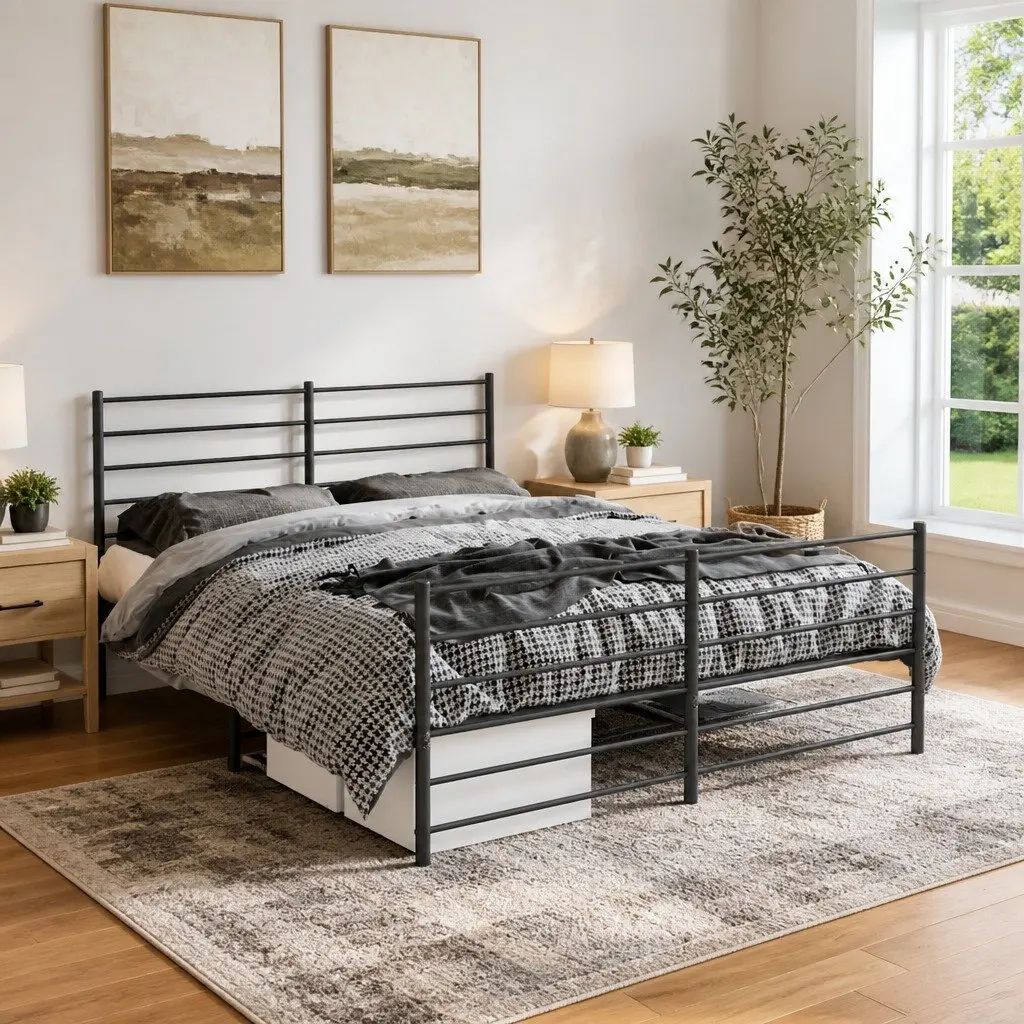 Metal Bed Frame 150x200 cm Black Footboard Slatted Base Bedroom Furniture