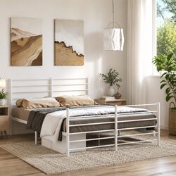 Metal Bed Frame 150x200 cm with Footboard Headboard White Steel Bedroom