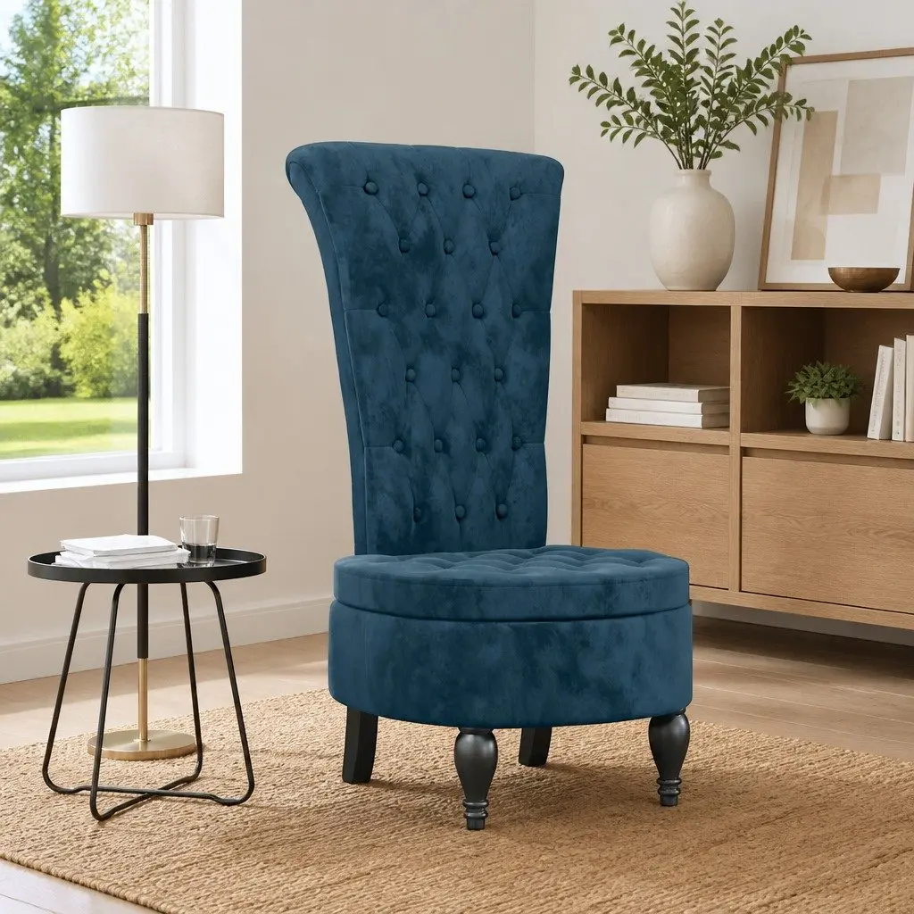 High Back Chair Velvet Blue Padded Seat Button Tufted Wooden Legs