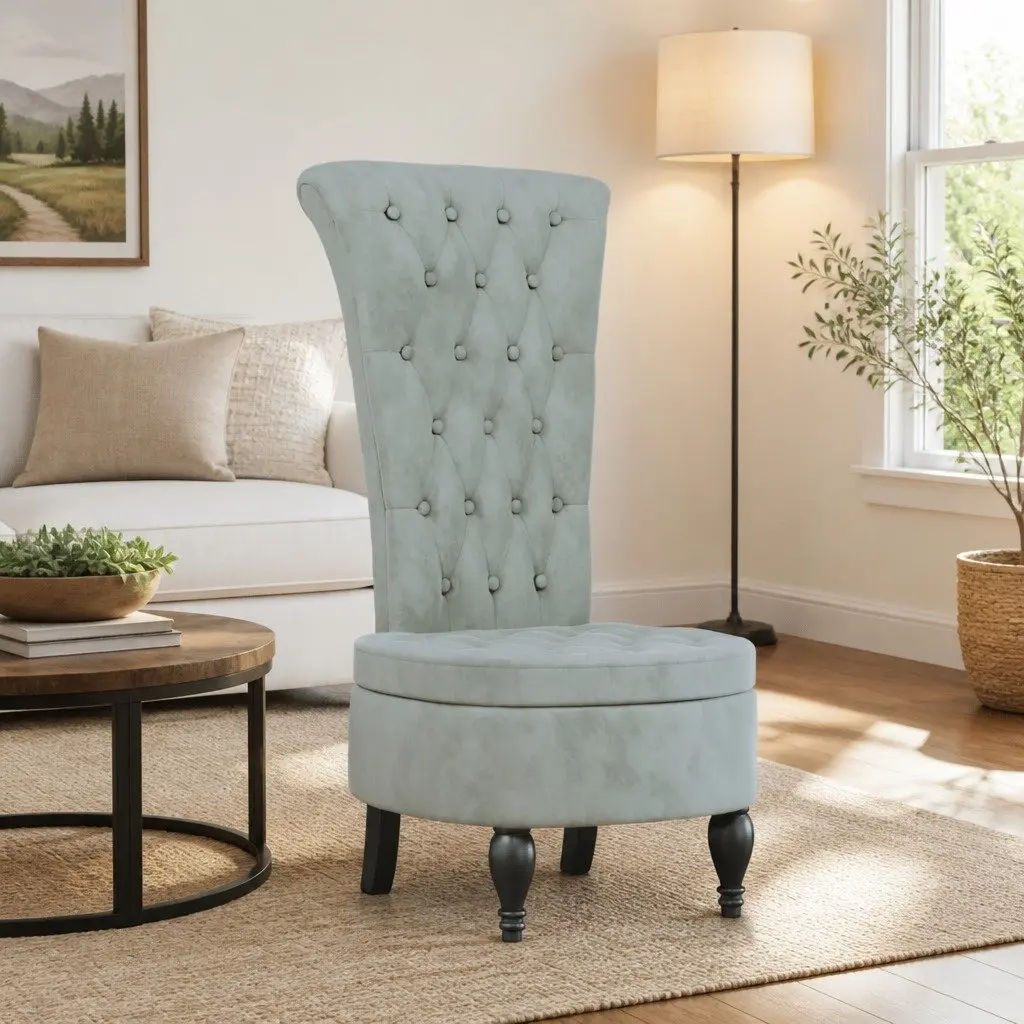 High Back Armchair Velvet Light Grey Button Tufted Accent Chair