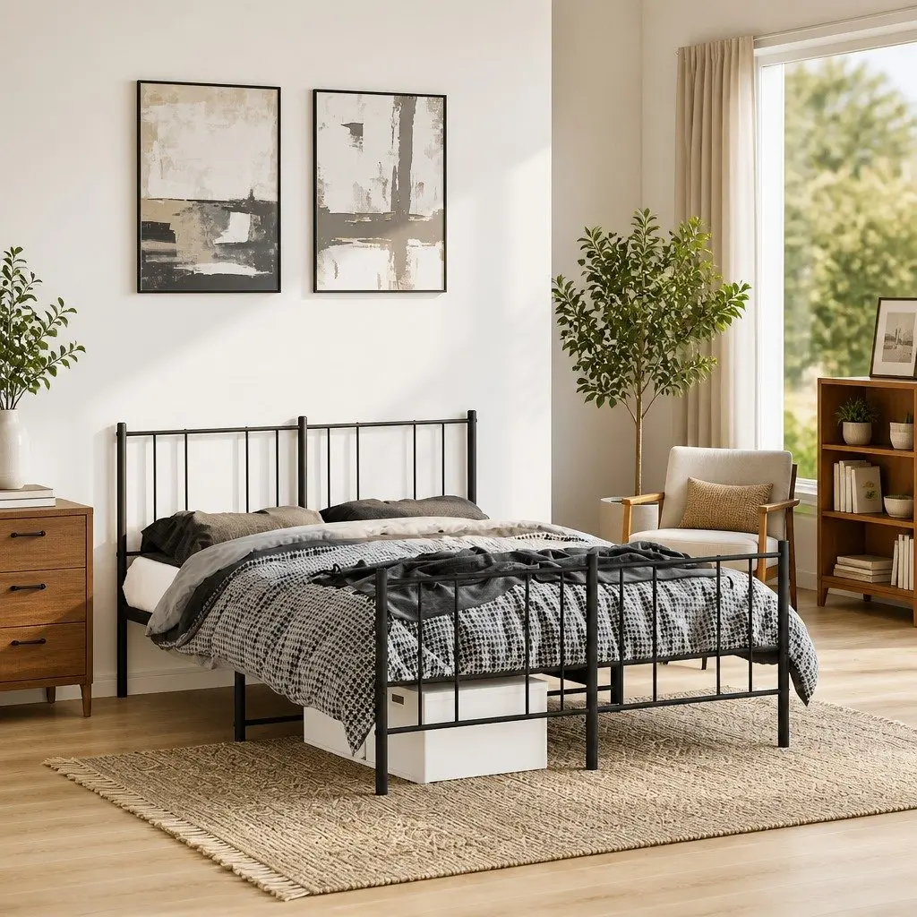 Metal Bed Frame Black Powder-Coated Steel 135x190 cm Slatted Base with Footboard for Bedroom