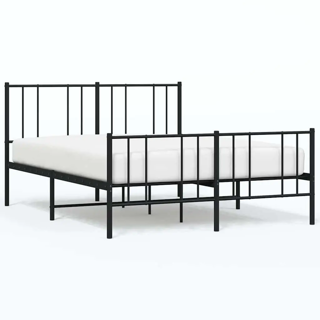 Metal Bed Frame Black Powder-Coated Steel 135x190 cm Slatted Base with Footboard for Bedroom