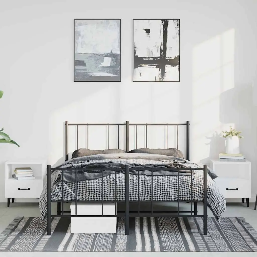 Metal Bed Frame Black Powder-Coated Steel 135x190 cm Slatted Base with Footboard for Bedroom