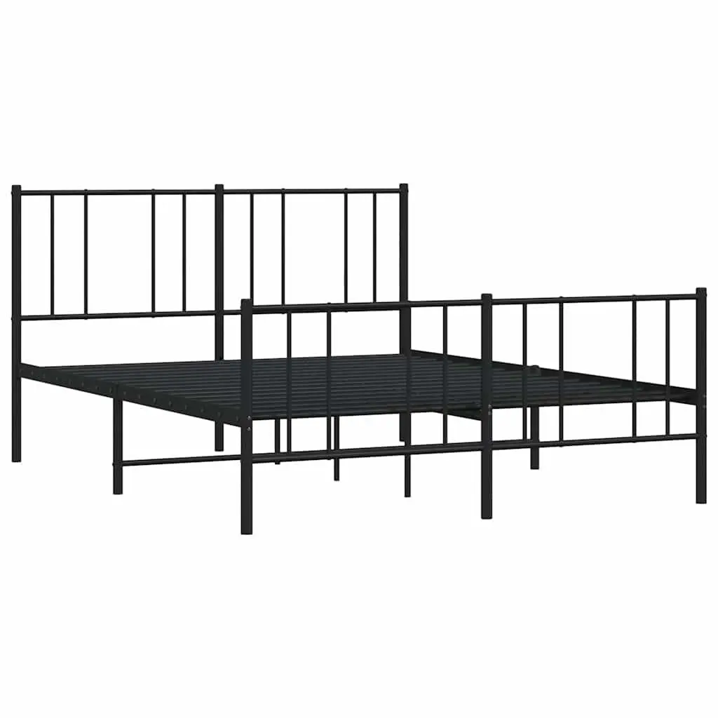 Metal Bed Frame Black Powder-Coated Steel 135x190 cm Slatted Base with Footboard for Bedroom