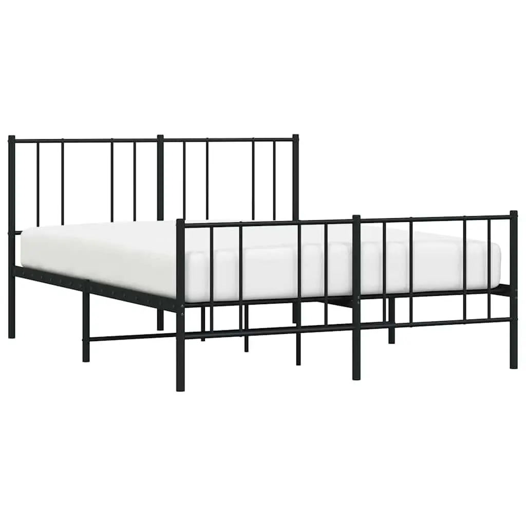 Metal Bed Frame Black Powder-Coated Steel 135x190 cm Slatted Base with Footboard for Bedroom