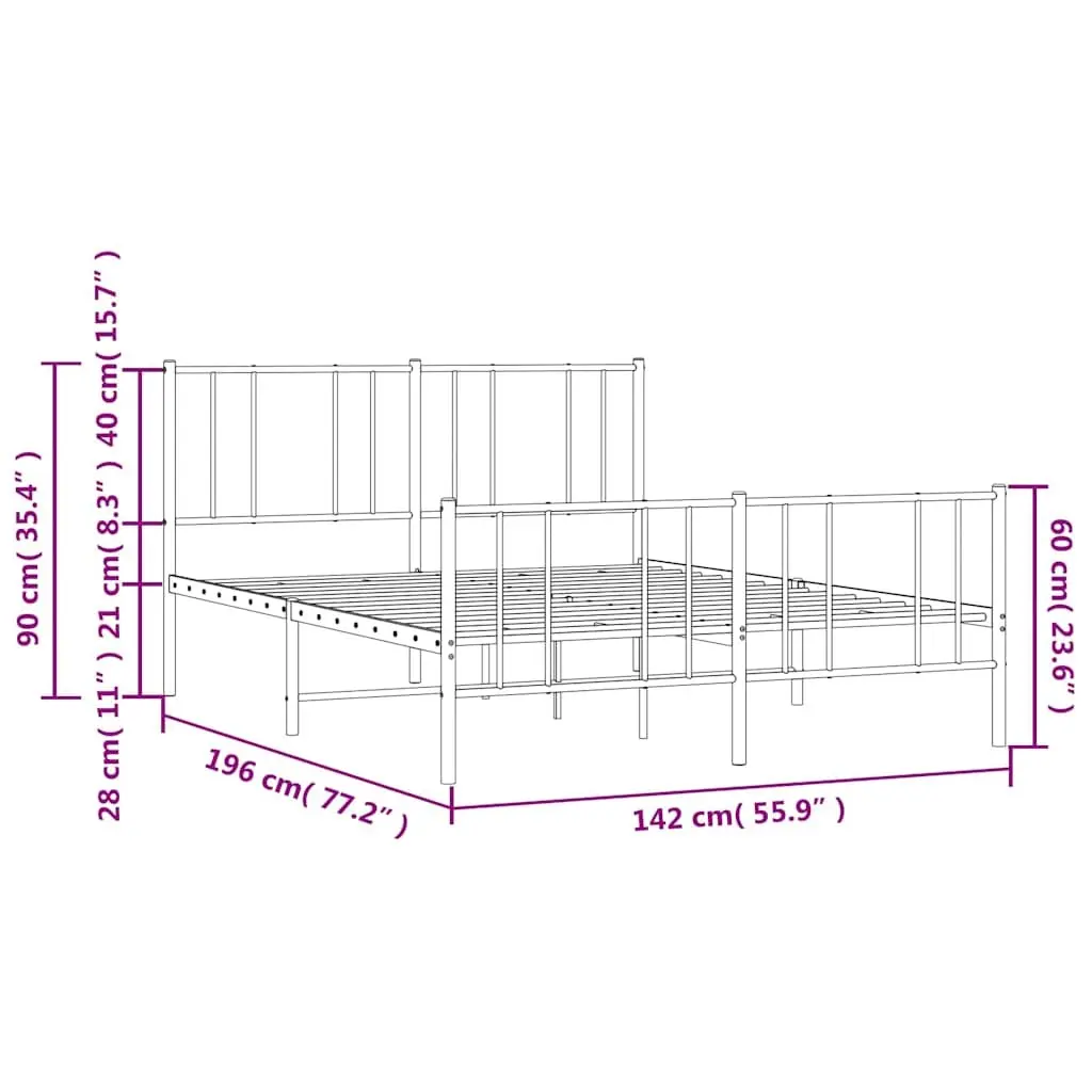 Metal Bed Frame Black Powder-Coated Steel 135x190 cm Slatted Base with Footboard for Bedroom