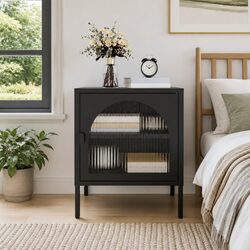 Bedside Table Black Nightstand Glass Steel Storage Cabinet Drawer Bedroom
