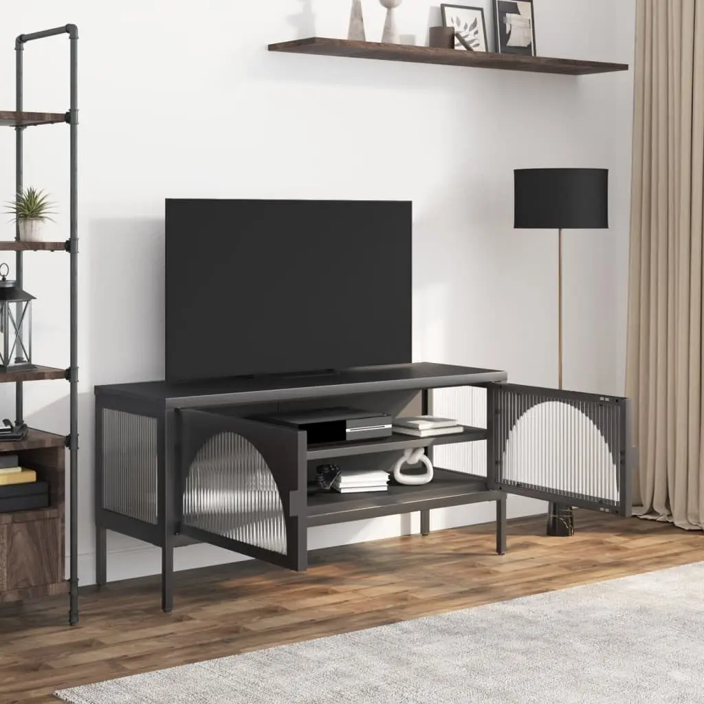 TV Cabinet Powder-coated Steel Fluted Glass 105cm Black