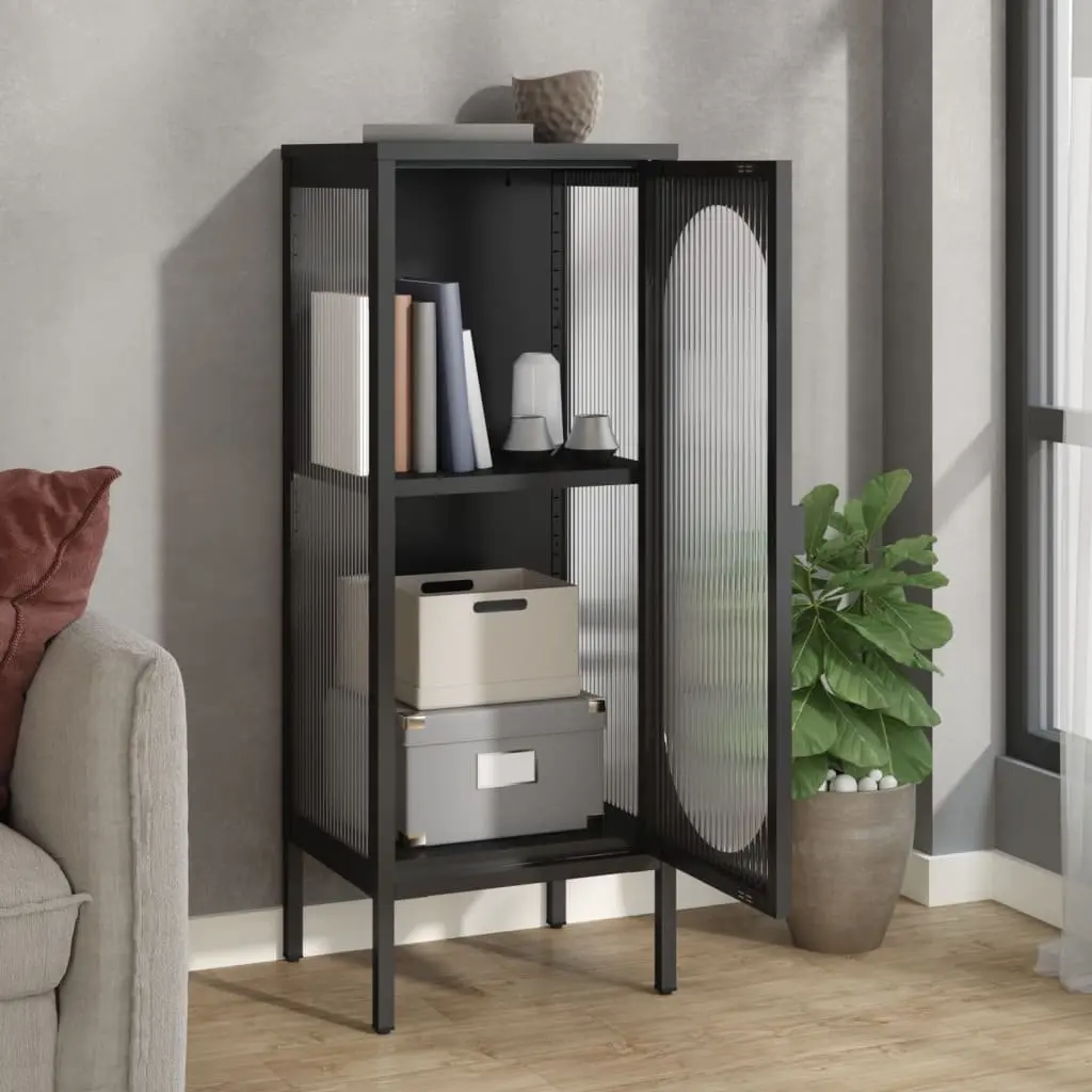 Sideboard Powder-coated Steel 40W x 35D x 105H cm Black Fluted Glass Panels Modern Storage Furniture