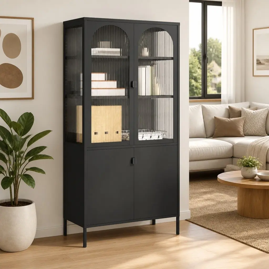 Highboard Sideboard Steel Fluted Glass 90 x 40 x 180 cm Black