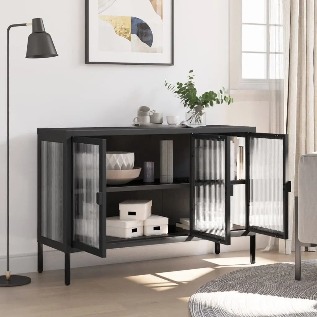 Sideboard Cabinet Steel Fluted Glass 105x35x70 cm Black Storage Furniture