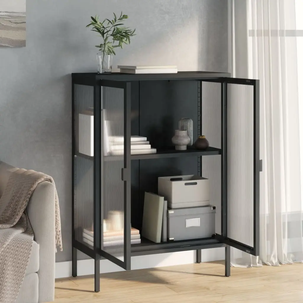 Sideboard Black Glass Steel Cabinet Storage Furniture 75x35x105cm Modern Design