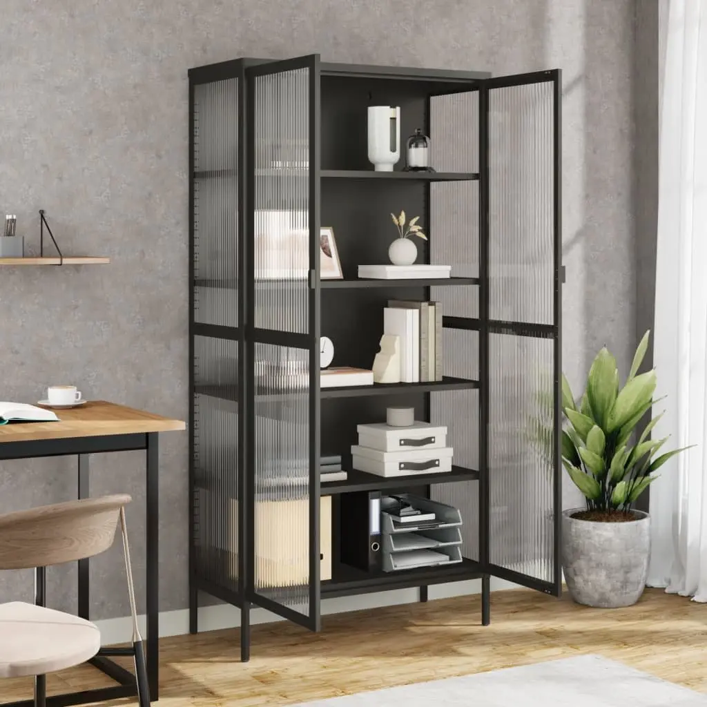 Highboard Storage Cabinet Powder-coated Steel Frame 85W x 40D x 180H cm Black Fluted Glass