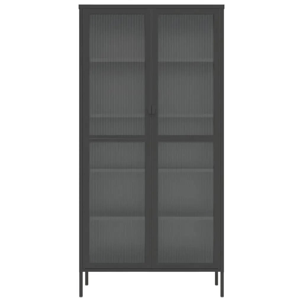 Highboard Storage Cabinet Powder-coated Steel Frame 85W x 40D x 180H cm Black Fluted Glass