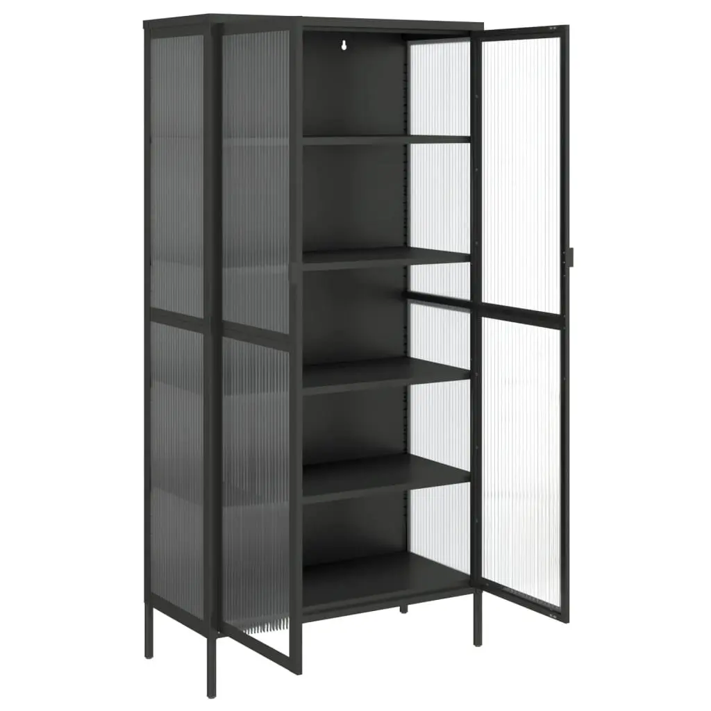 Highboard Storage Cabinet Powder-coated Steel Frame 85W x 40D x 180H cm Black Fluted Glass