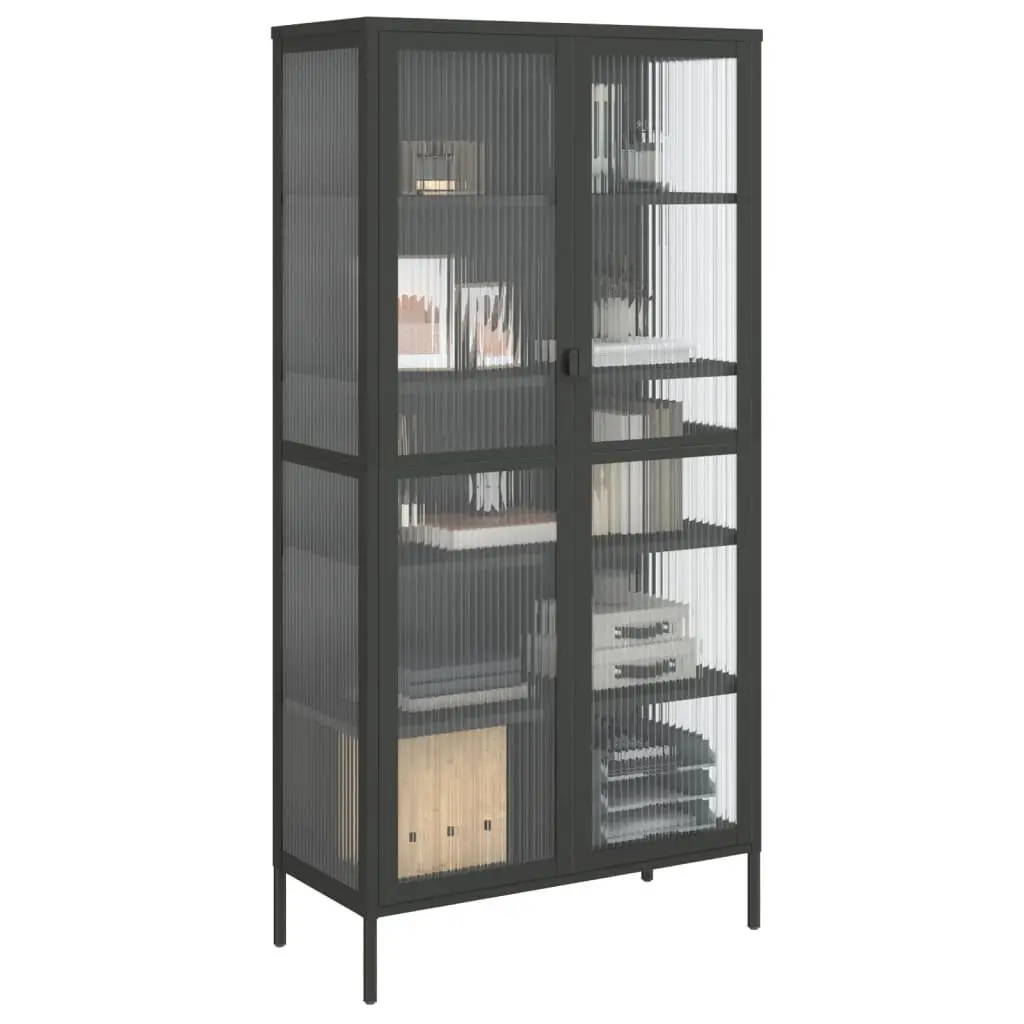 Highboard Storage Cabinet Powder-coated Steel Frame 85W x 40D x 180H cm Black Fluted Glass