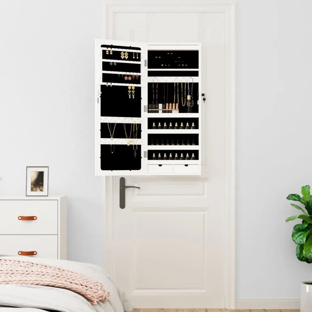 Mirror Jewellery Cabinet Wall Mounted LED Lights Storage Organiser White