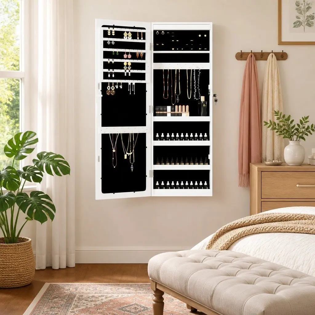Wall Mounted Mirror Jewellery Cabinet with LED Lights White Storage Organizer