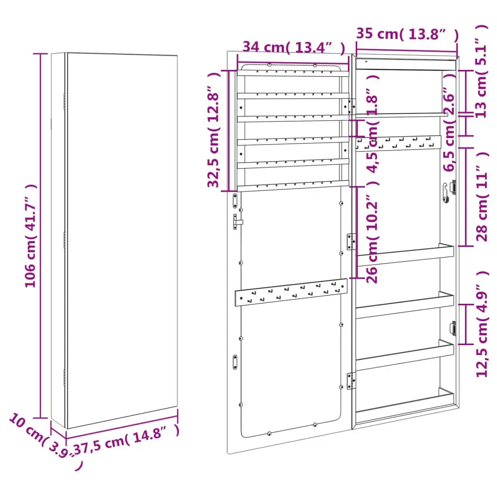 Wall Mounted Mirror Jewellery Cabinet with LED Lights White Storage Organizer