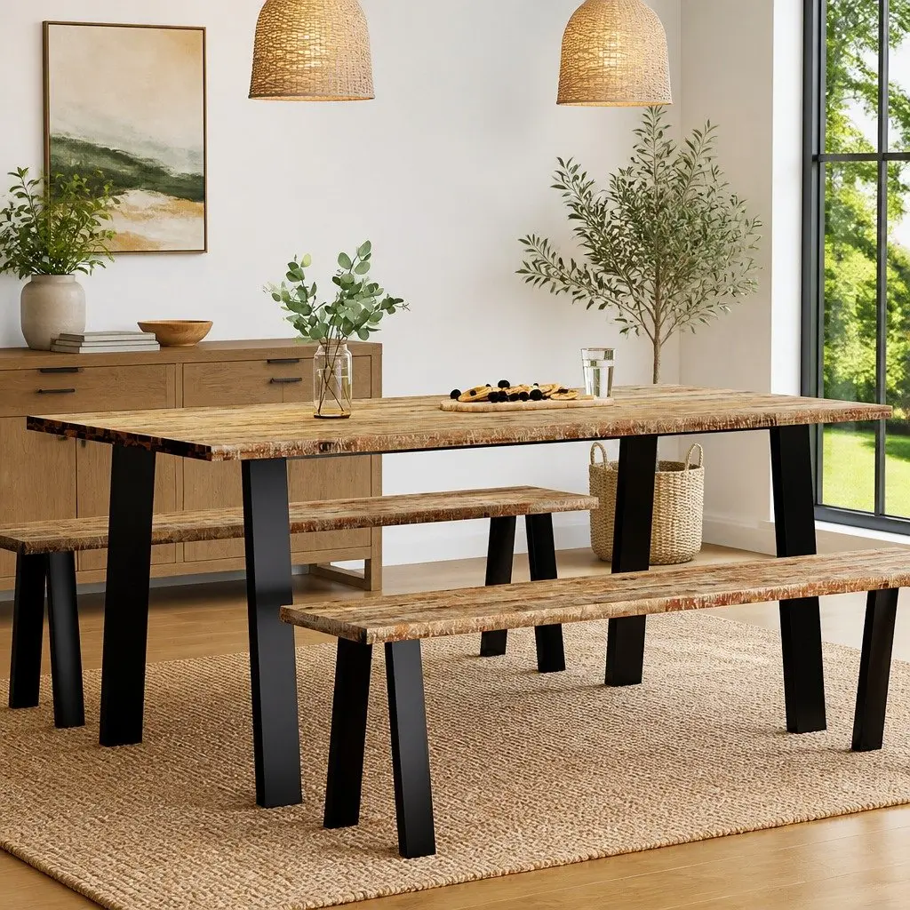 Dining Table Solid Acacia Wood Top Steel Legs 150x90x75cm Brown Kitchen Furniture