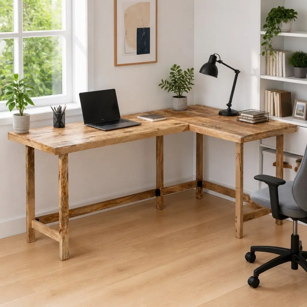 L-Shaped Solid Mango Wood Desk 165x110x75cm Brown