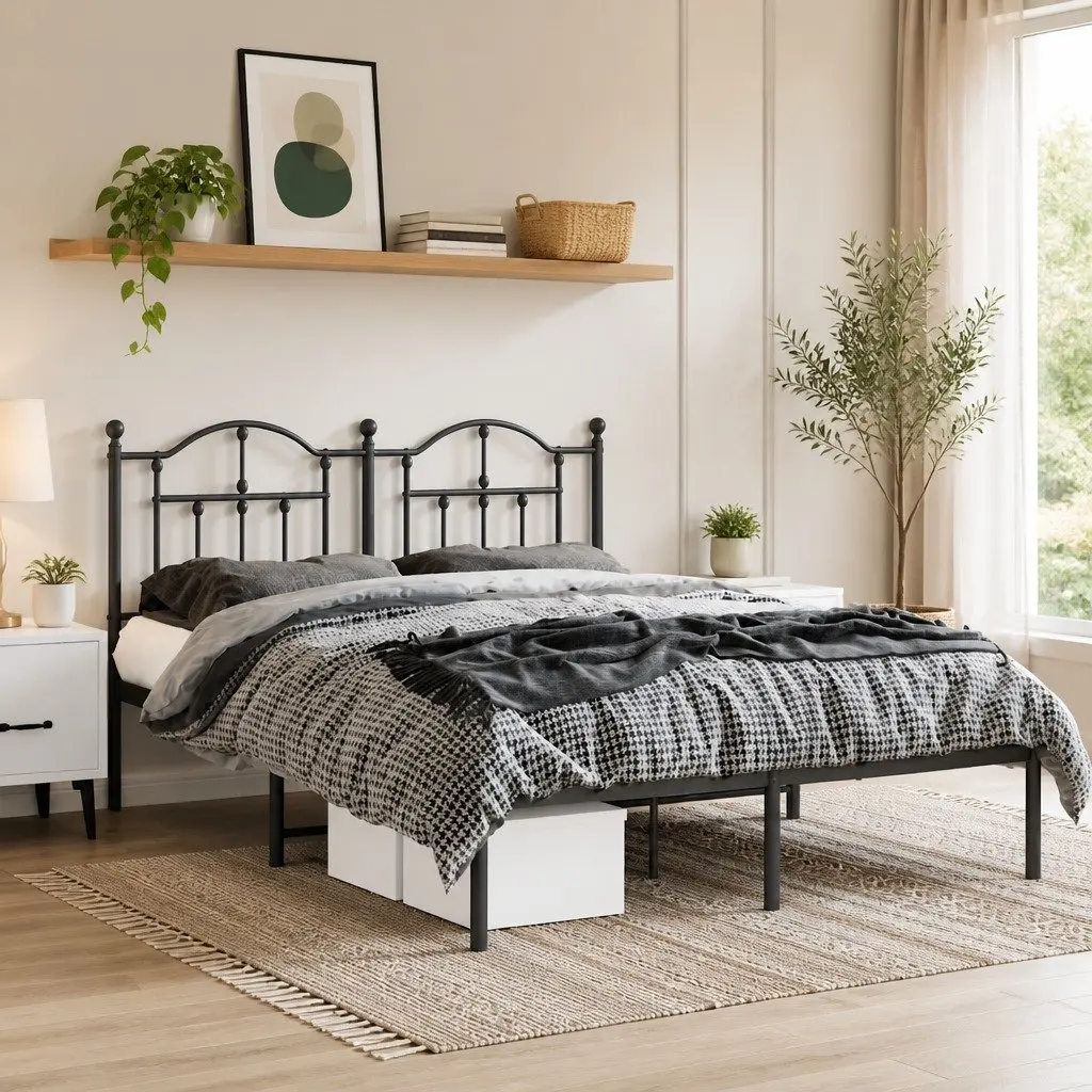 Metal Bed Frame Black with Headboard 135x190cm Slatted Base Powder Coated Steel Construction