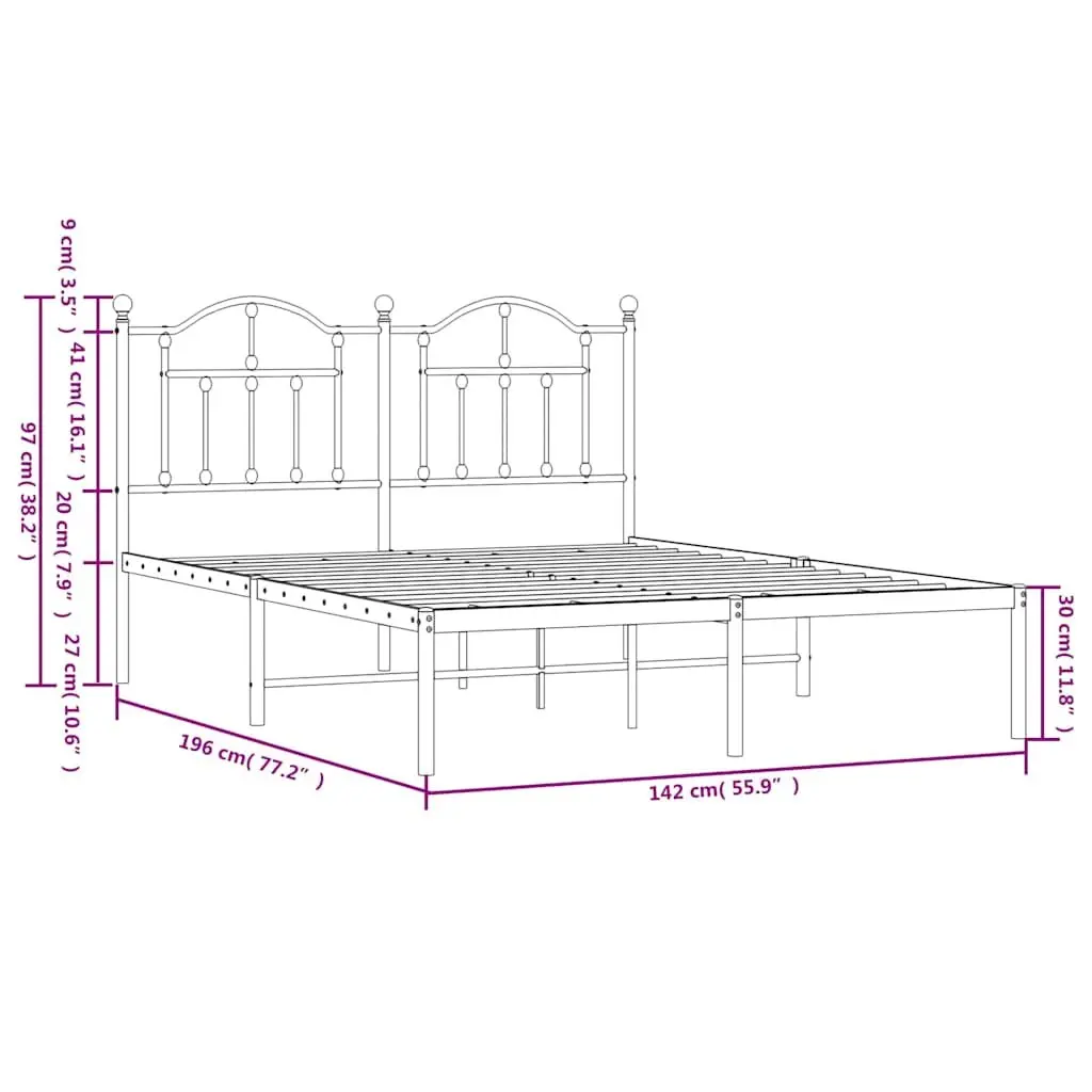 Metal Bed Frame Black with Headboard 135x190cm Slatted Base Powder Coated Steel Construction