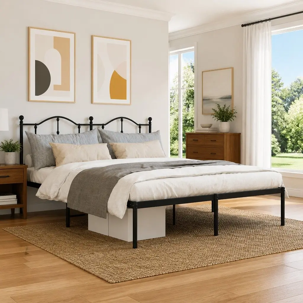 Metal Bed Frame King Powder-coated Steel 183x203 cm Slatted Base Black