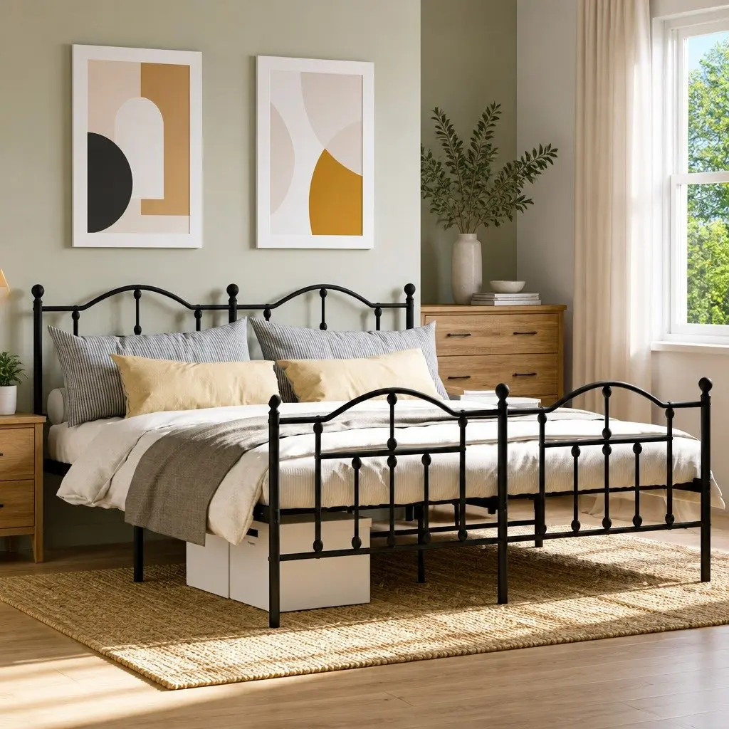 Metal Bed Frame King Size 183x203 cm with Footboard Headboard Black Steel