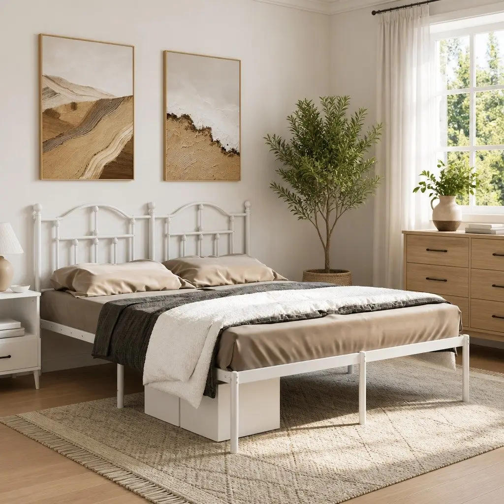 Metal Bed Frame White Slatted Base 135x190 cm with Headboard for Bedroom