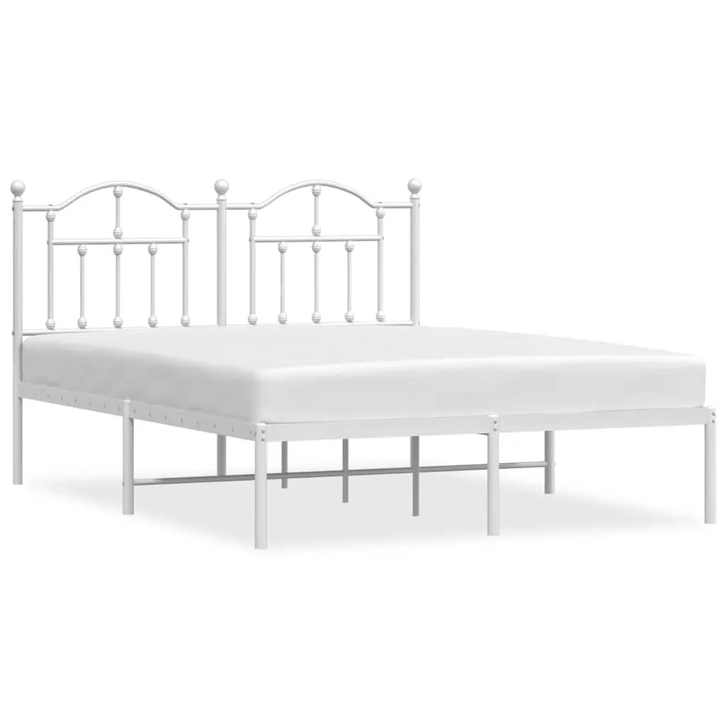 Metal Bed Frame White Slatted Base 135x190 cm with Headboard for Bedroom