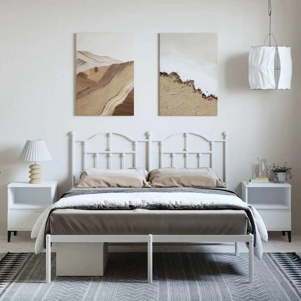 Metal Bed Frame White Slatted Base 135x190 cm with Headboard for Bedroom