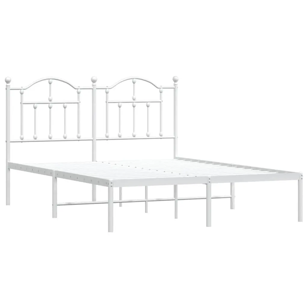 Metal Bed Frame White Slatted Base 135x190 cm with Headboard for Bedroom